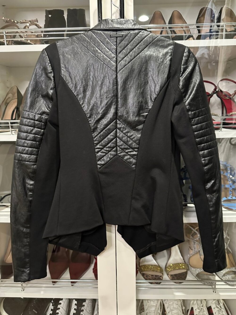 Blanc Noir Drape Front Jacket | Black Vegan Leather Contrast | Size S - Picture 4 of 9